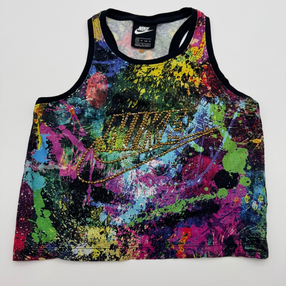 Nike NSW Womens XS Paint Splatter Rhinestone Logo Crop Tank Top Multi Color